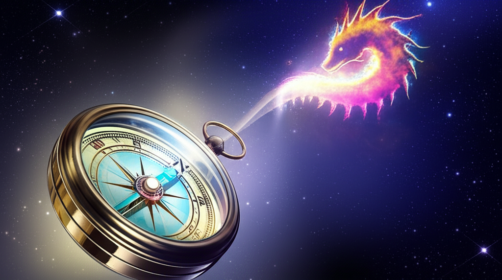 Символическое изображение, где северный узел в карме представлен как компас, указывающий путь души к звездам.