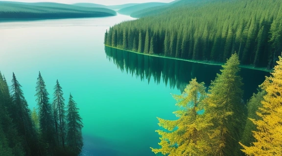 Загадочный вид на Шайтан озеро с плавающими островами и окружающим его лесом.