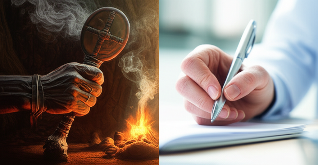 Символическое изображение, где шаманы психологи терапевты представляют два пути к гармонии.