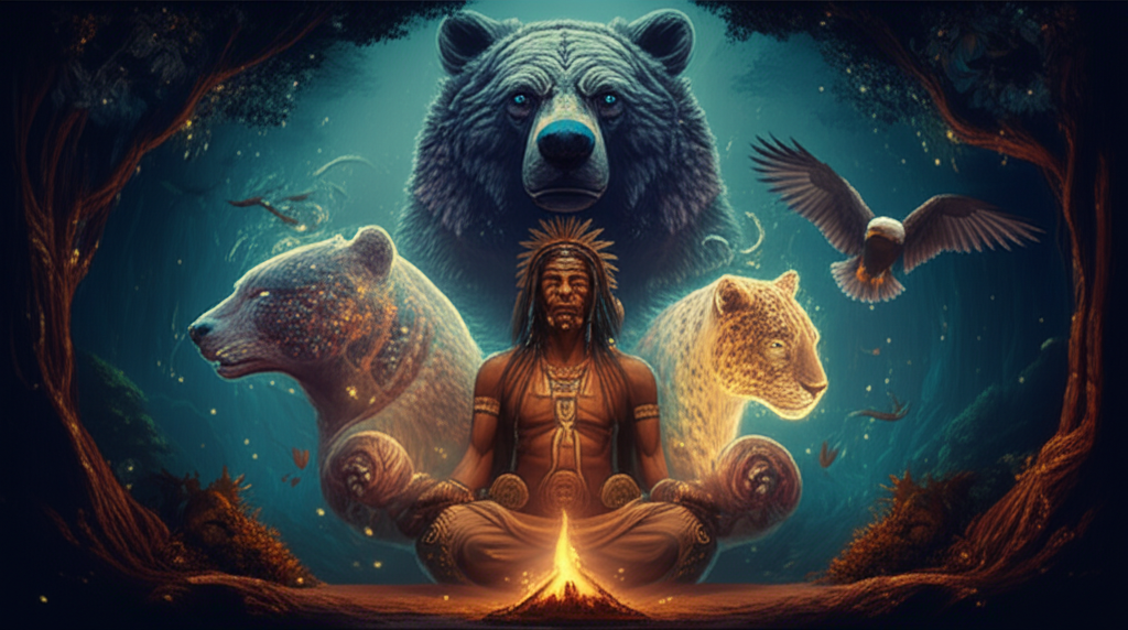 Изображение, иллюстрирующее шаманы в разных культурах мира, с их ритуальными атрибутами и духовными символами.