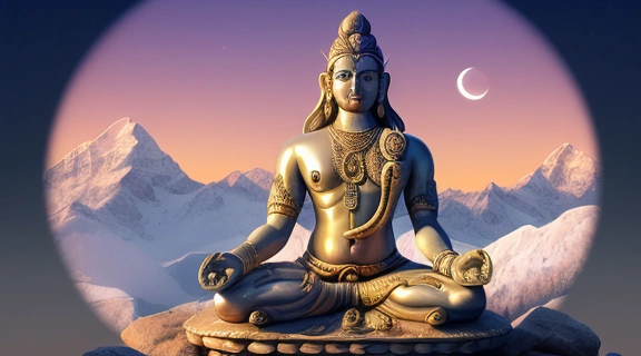 Изображение медитирующего бога Шива в Гималаях, окруженного священными символами.