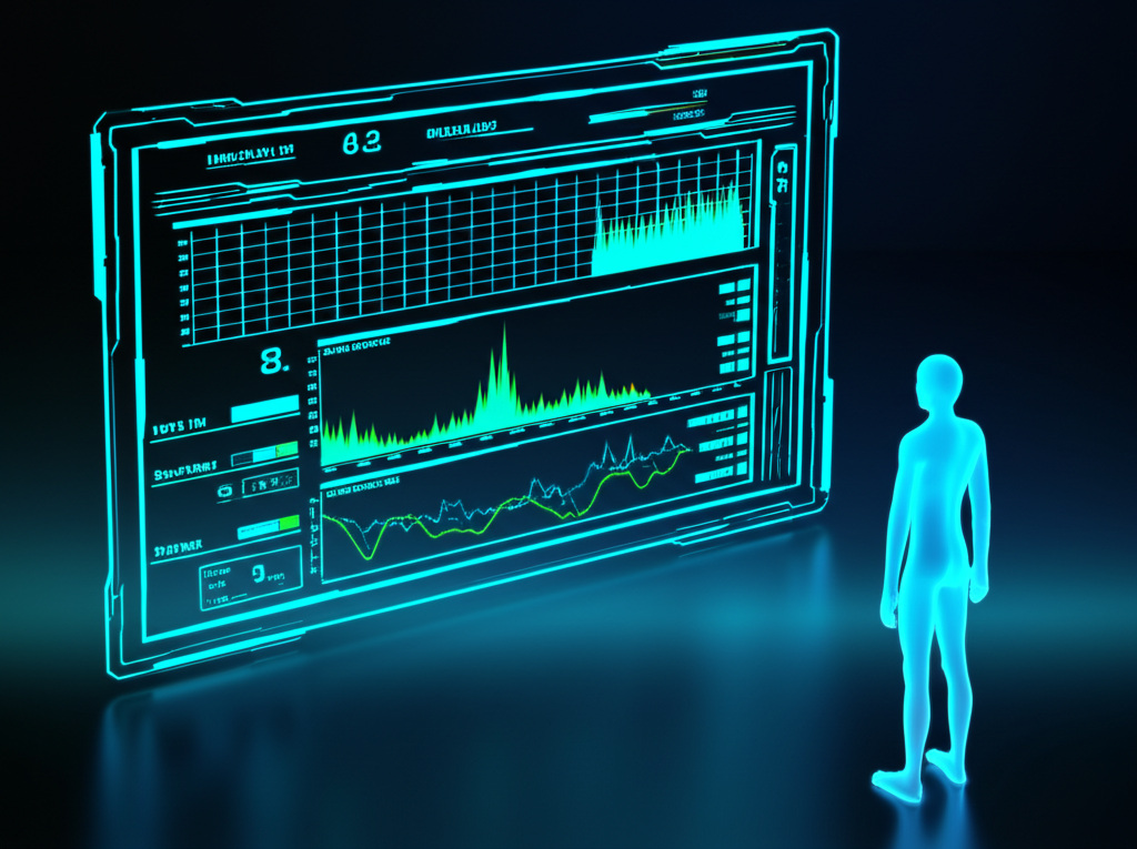 Человек анализирует свои сигнификаторы здоровья на футуристическом интерфейсе