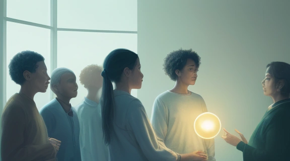 Группа людей, окруженных светящимися символами, демонстрирующими Сила вопросов в процессе коллективного поиска знаний.