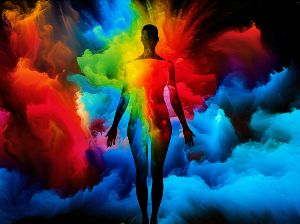 Абстрактная иллюстрация, где раскрывается символика цвета сновидения через фигуру человека и потоки разноцветных красок.