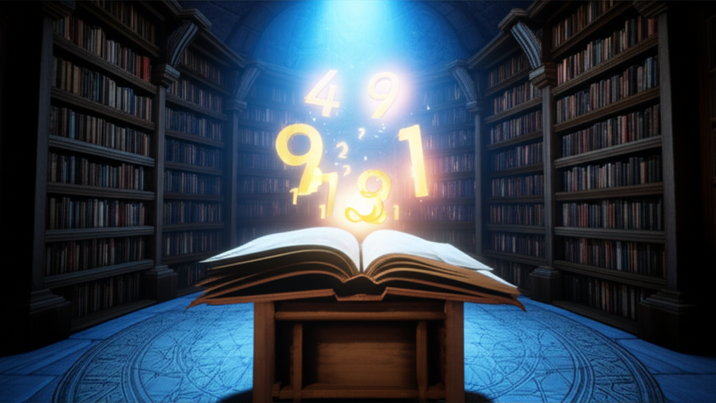 Древний манускрипт и светящиеся цифры, раскрывающие глубинный символизм чисел.