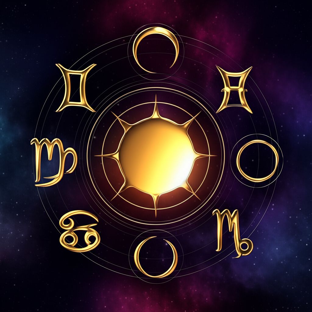 Светящиеся золотые символы планет в астрологии на фоне тёмного звёздного неба.