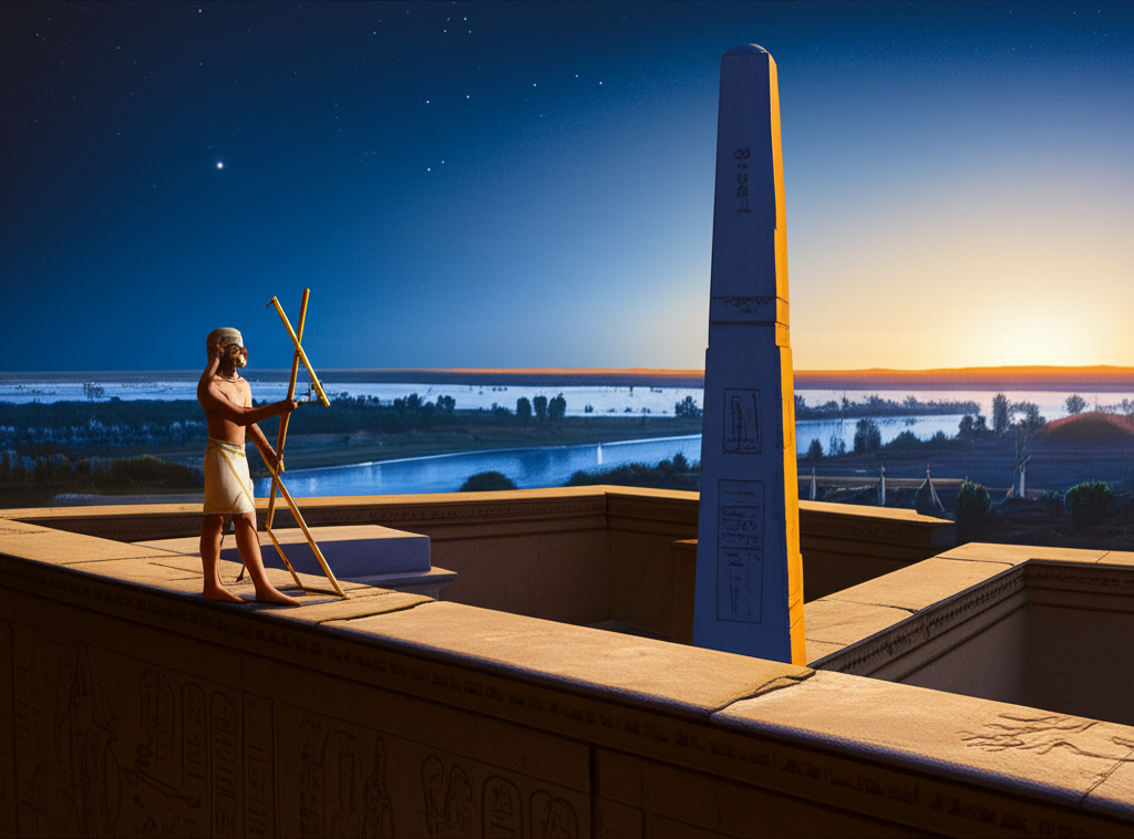 Изображение демонстрирует древнеегипетскую сцену, где астроном наблюдает восход звезды Сириус, что тесно связано с темой сириус и календарь в древнем египте.