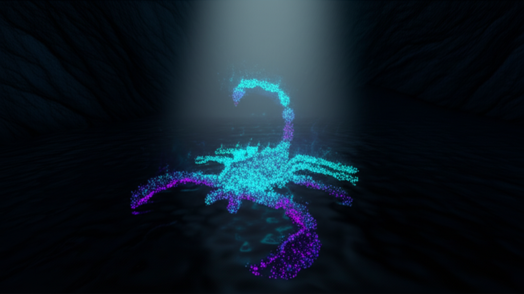 Загадочное изображение, где скорпион стихия которого вода, показан как светящееся созвездие над темной гладью.