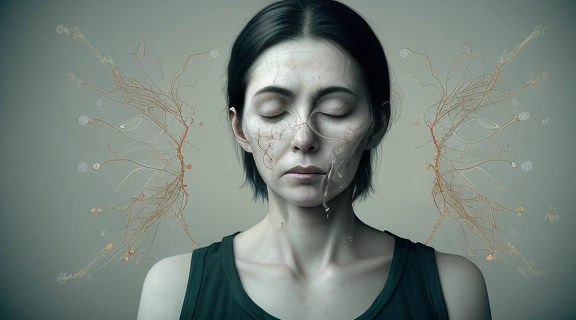 Женщина, окруженная символами гормонального дисбаланса, стресса и других скрытых причин лишних килограммов, размышляет о своем здоровье.