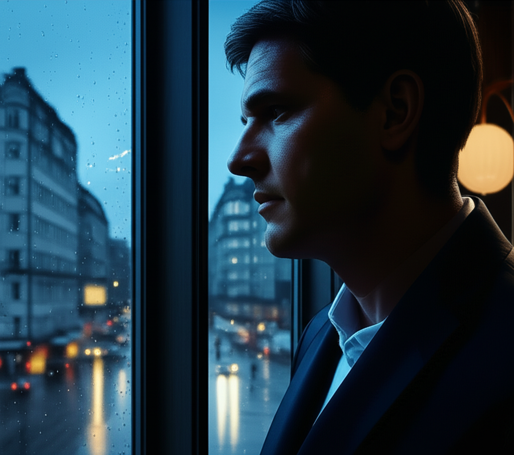 Глубокие психологические слабости сильного пола, показанные через задумчивый портрет мужчины.