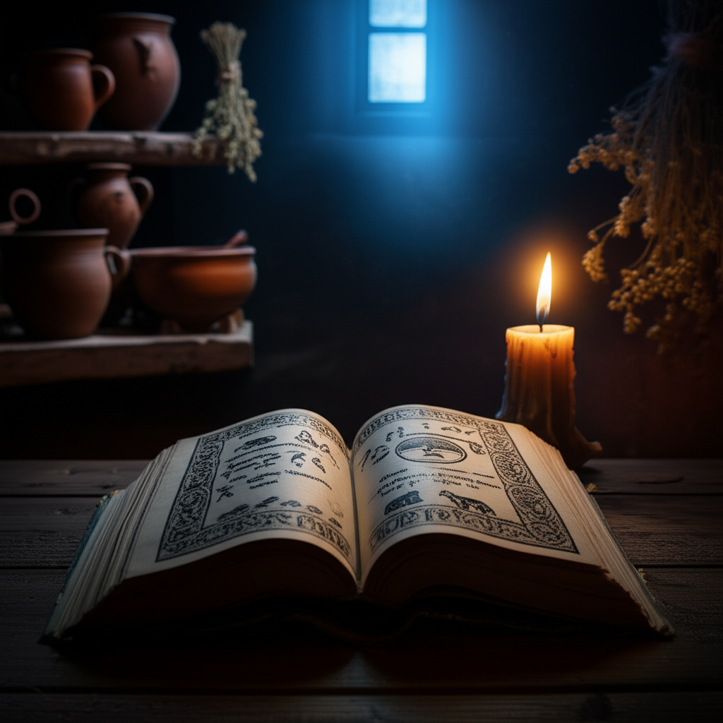 Старинная книга на столе при свете свечи, иллюстрирующая славянский сонник.