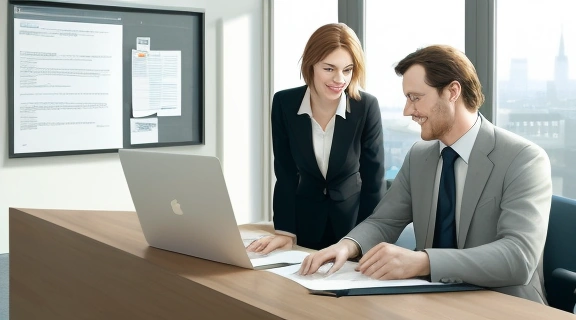 Двое коллег обмениваются взглядами в офисе, символизируя зарождающийся служебный роман.