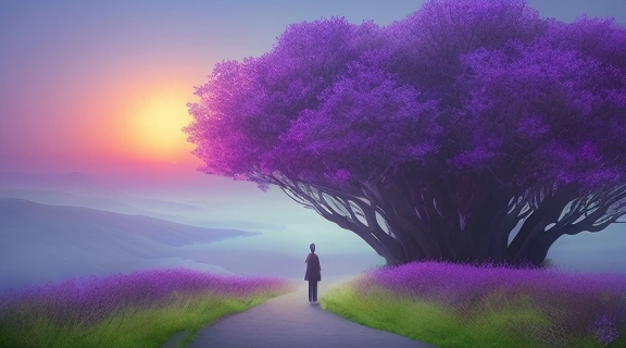 Человек размышляет над величественным пейзажем, символизирующим поиск смысла жизни и личного предназначения.