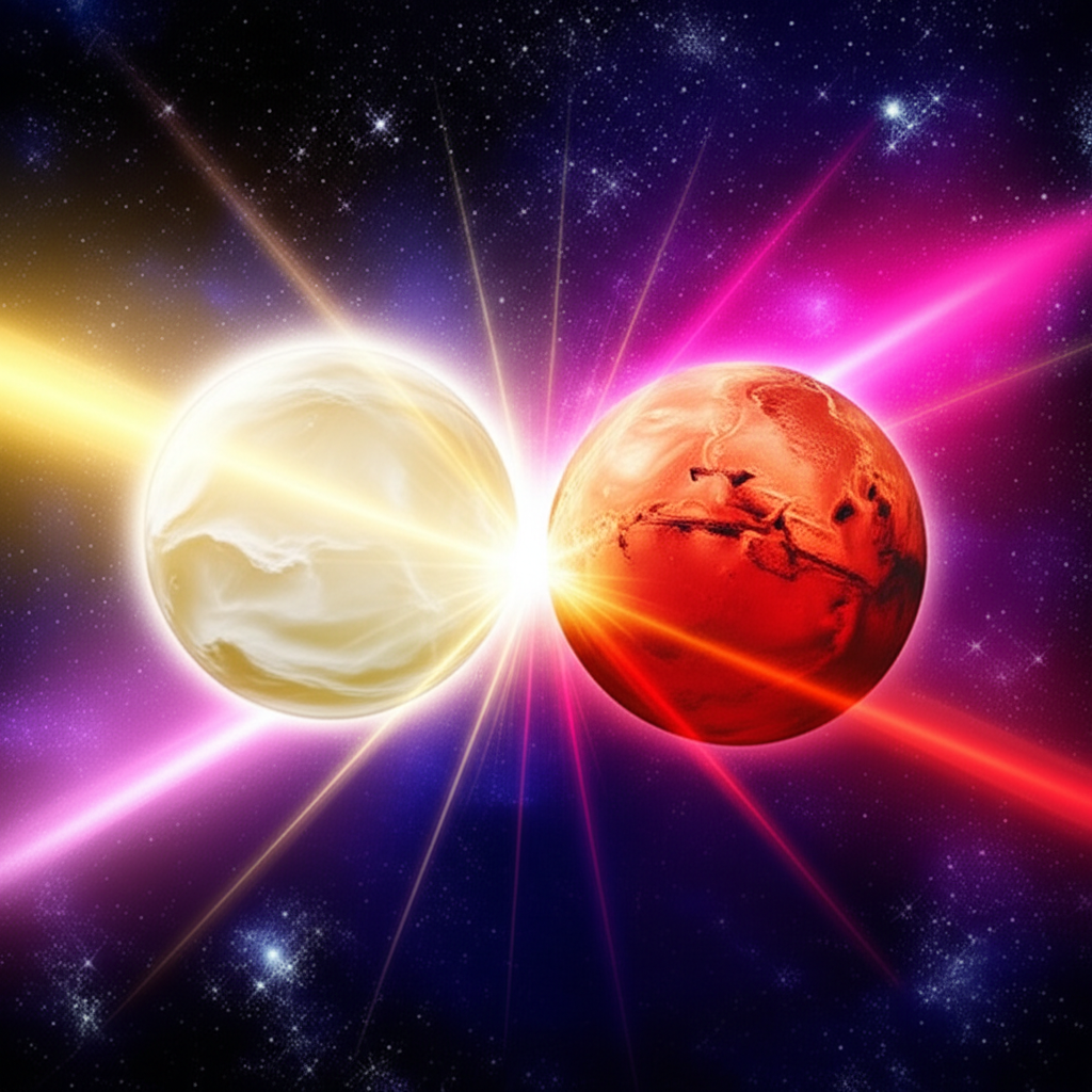 Символическое изображение: астрологическое соединение Венеры с Марсом в космосе.