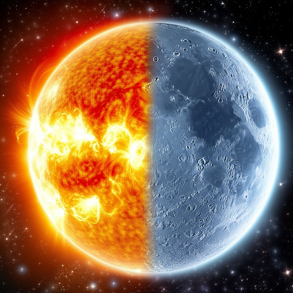 Солнце и Луна в космосе, символизируя их вечное взаимодействие и дуализм.