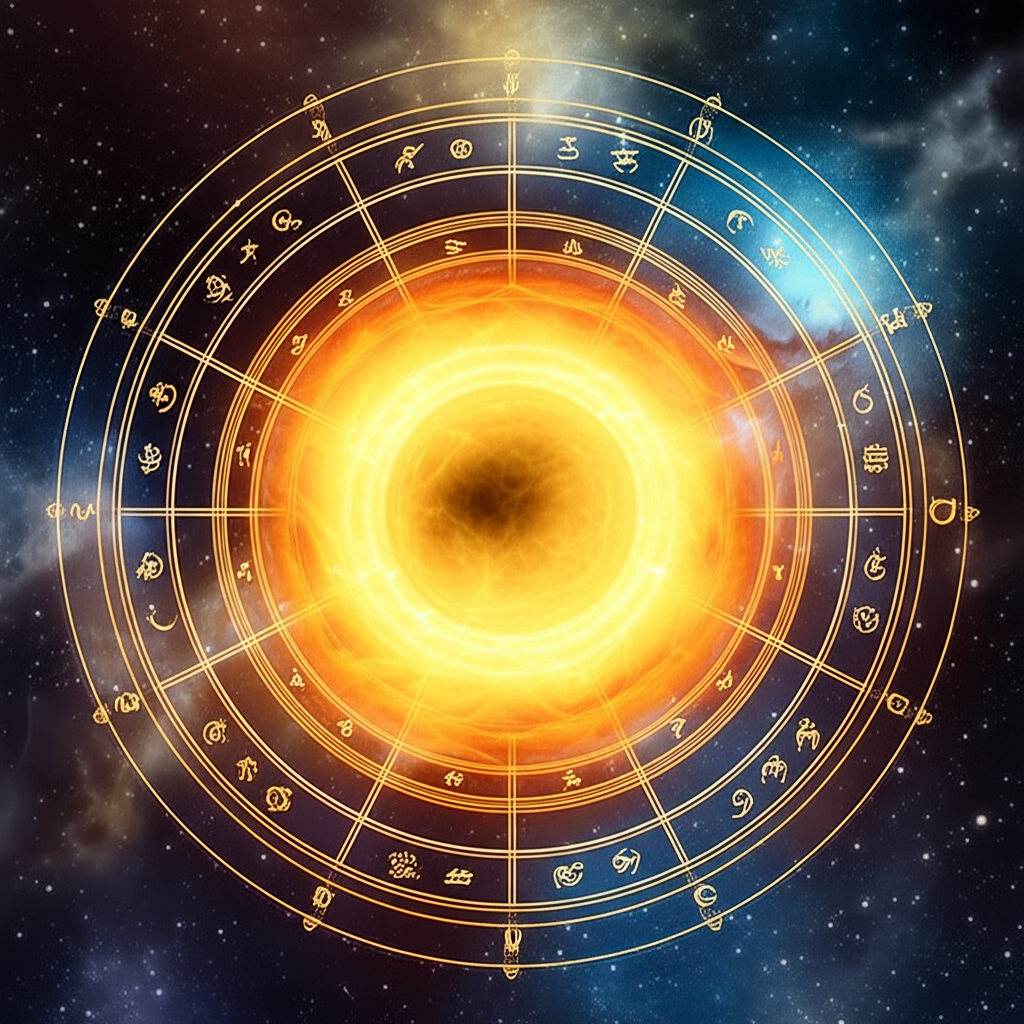 Изображение абстрактного солнца в центре натальной карты, окруженного астрологическими символами, символизирующее влияние солнце в натальной карте на личность.