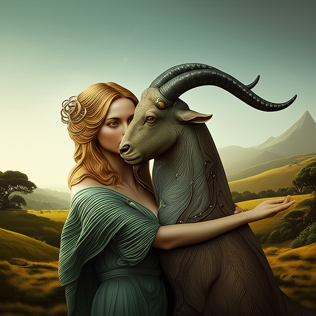 Иллюстрация, символизирующая глубокую и земную совместимость Девы и Козерога, с двумя зодиакальными символами, переплетающимися в гармоничной и стабильной композиции на фоне горного пейзажа.