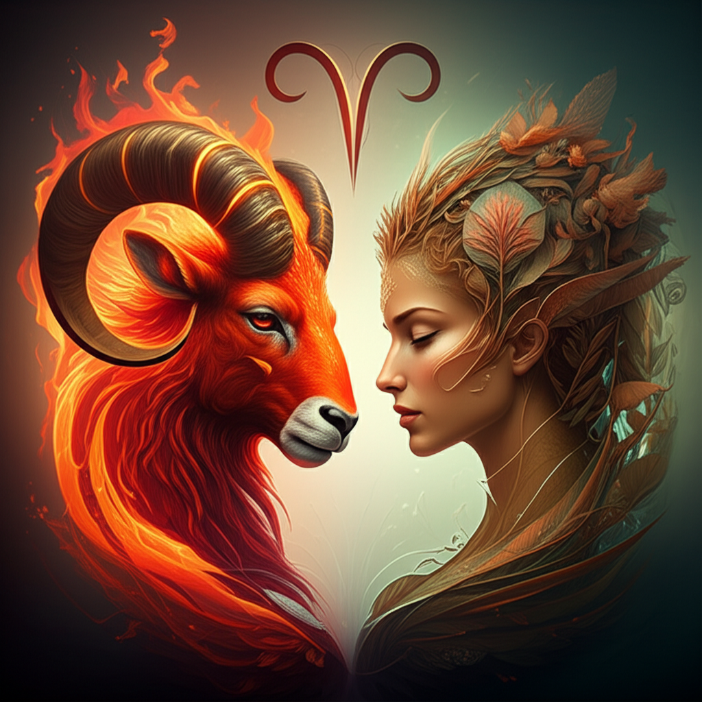 Изображение символизирует сложную, но потенциально гармоничную совместимость овна и девы, с элементами огня и земли, переплетающимися в динамичной композиции.