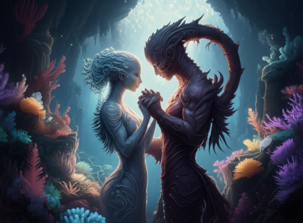 Изображение, символизирующее глубокую и страстную совместимость рака и скорпиона в мистической подводной сцене.