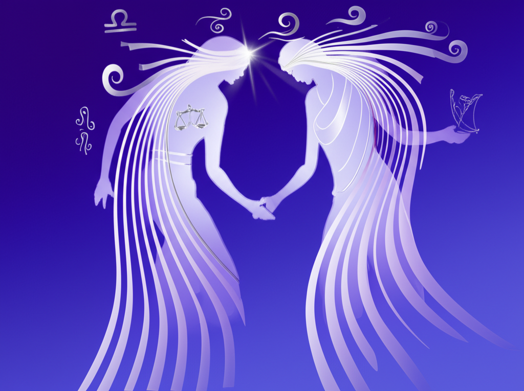 Иллюстрация, символизирующая совместимость весов и водолея, с изображением двух стилизованных фигур, окруженных элементами воздуха и света, на космическом фоне.