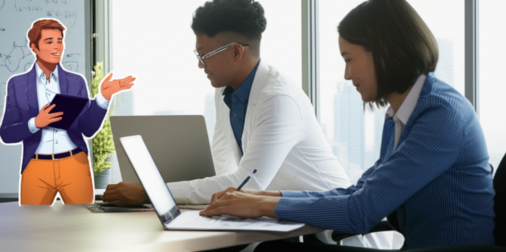 Двое коллег, мужчина и женщина, демонстрирующие совместимость знаков зодиака близнецы и козерог работа, продуктивно обсуждают проект в современном офисе.