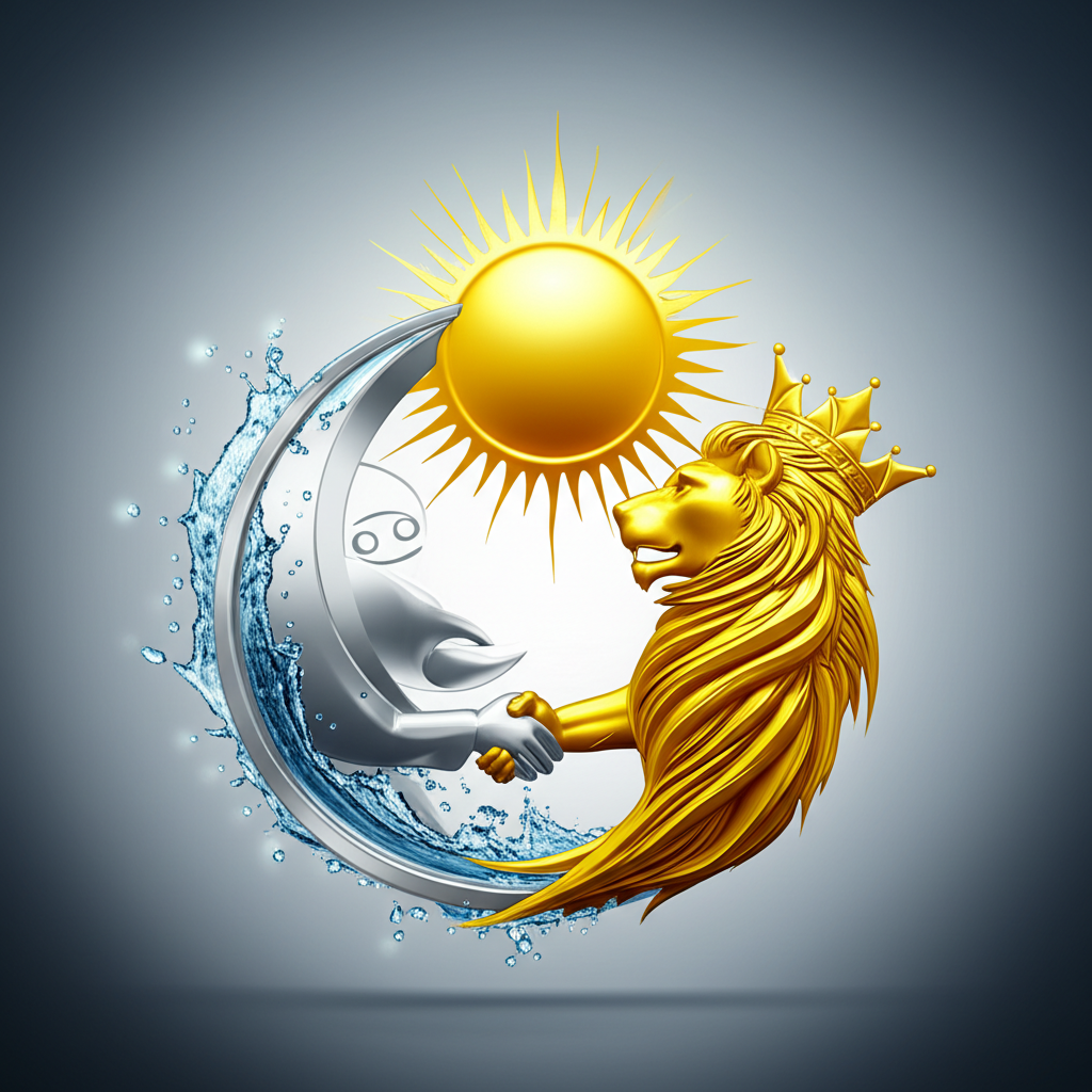 Символическое изображение совместимости знаков зодиака Рак и Лев бизнес-партнерстве, где луна и солнце переплетаются, олицетворяя интуицию и лидерство в деловой сфере.