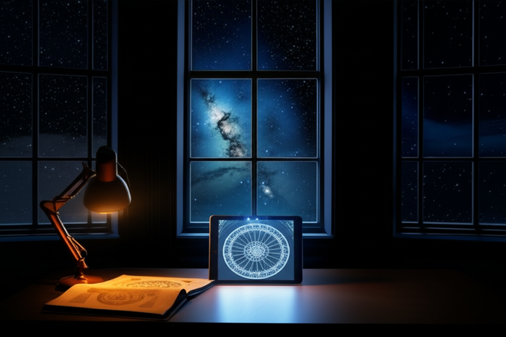 Современные авторы астрологии в процессе работы: анализ натальной карты и синтез древних знаний с новыми технологиями.