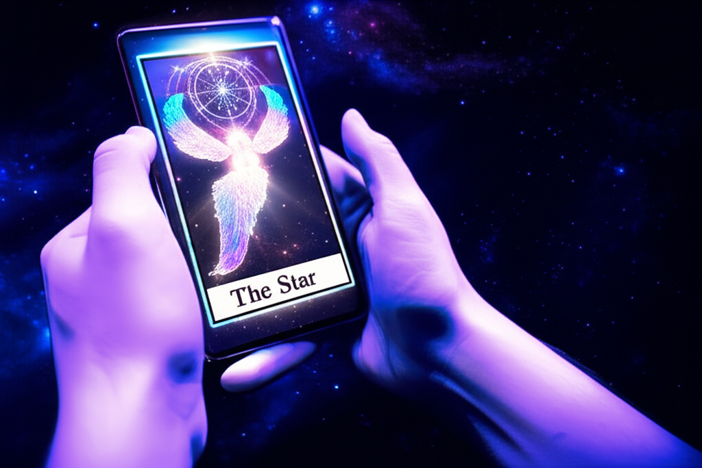 Современный способ гадания с помощью смартфона, на экране которого изображена светящаяся карта Таро.