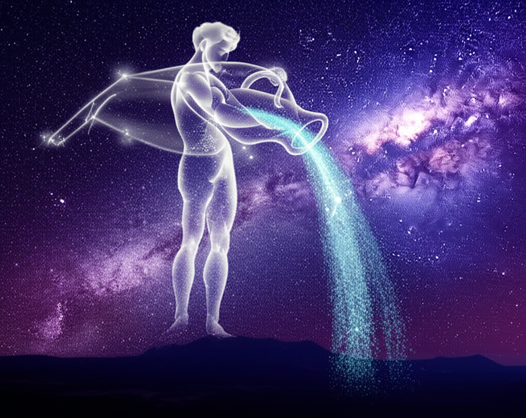 Мифологический герой, представляющий созвездие водолея на небе, льющий звёздную воду из кувшина.