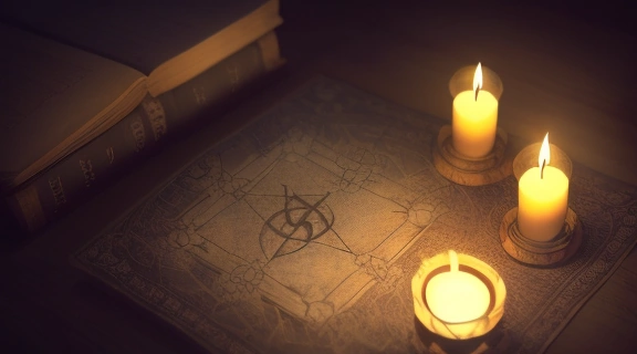Старинная доска для спиритического гадания, окруженная свечами и магическими атрибутами