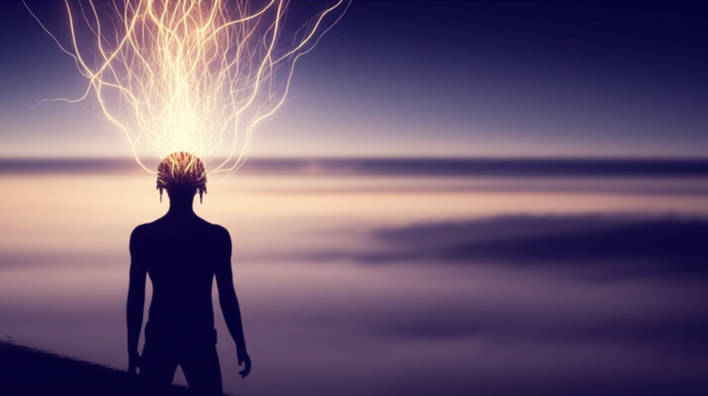 Силуэт человека, чей разум излучает светящиеся нейронные сети, символизируя скрытые способности свыше.