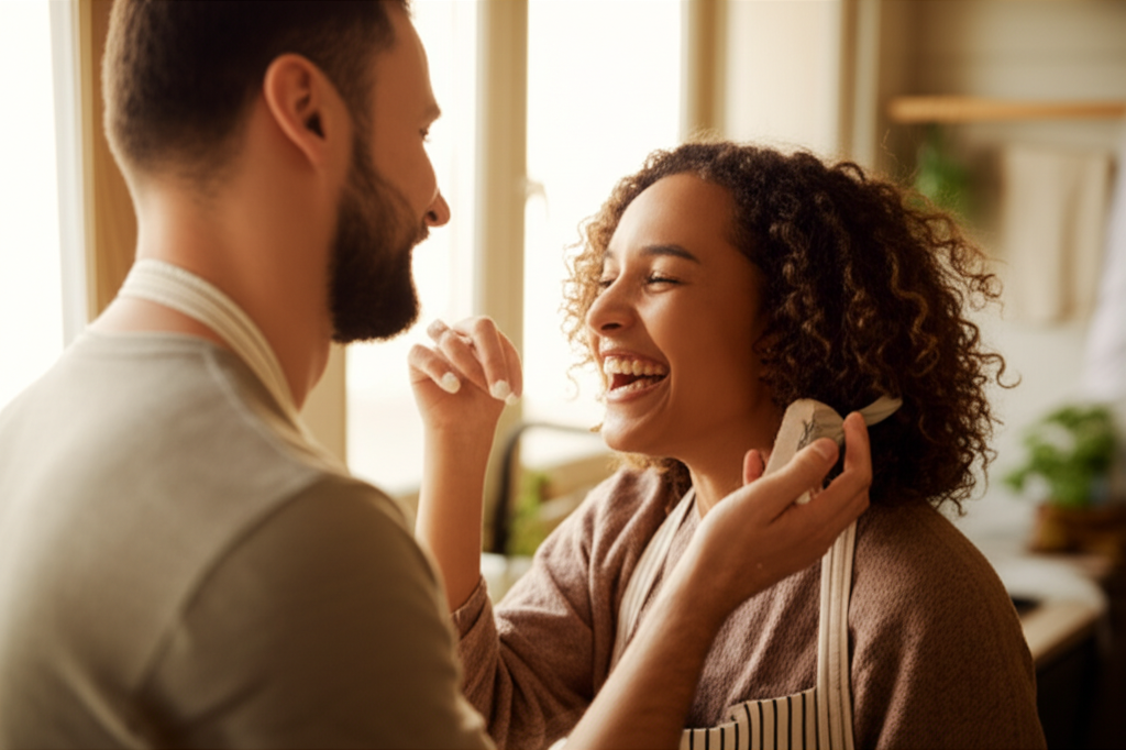 Эффективные способы не потерять любовь: пара делится теплым и радостным моментом на кухне.