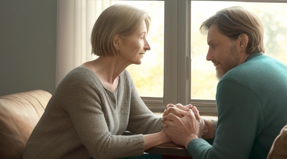 Мужчина и женщина обсуждают ситуацию после конфликта, демонстрируя понимание, что делать для примирения.