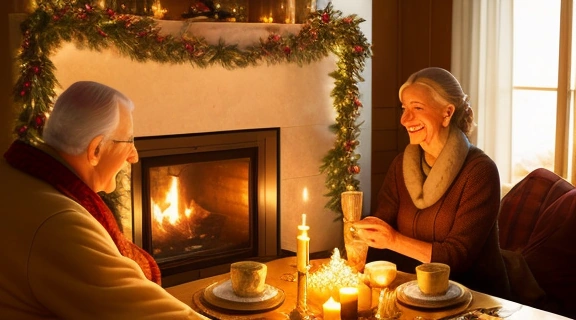 Семейное застолье, празднующее Старый новый год, с традиционными угощениями и теплым освещением.