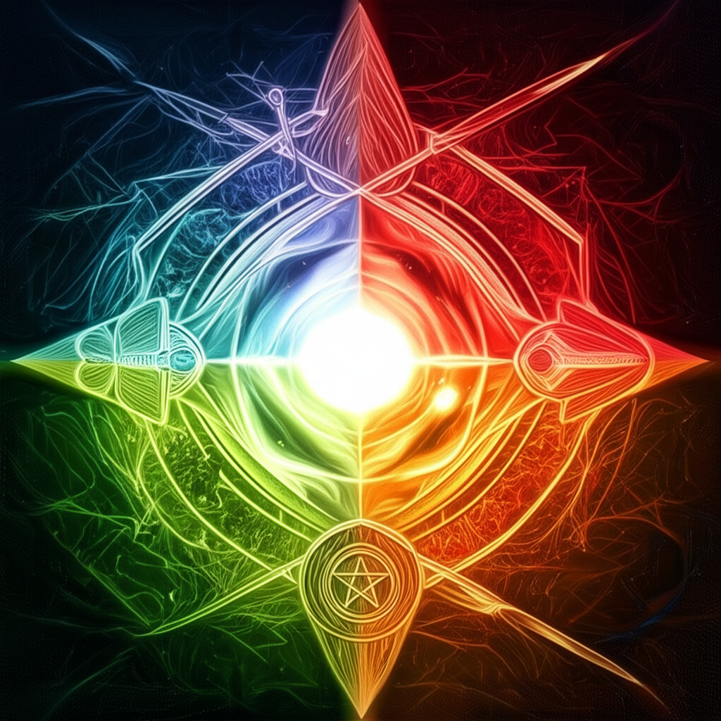 Символическое изображение стихии в зодиаке и картах таро в виде колеса с секторами Огня, Воды, Воздуха и Земли.