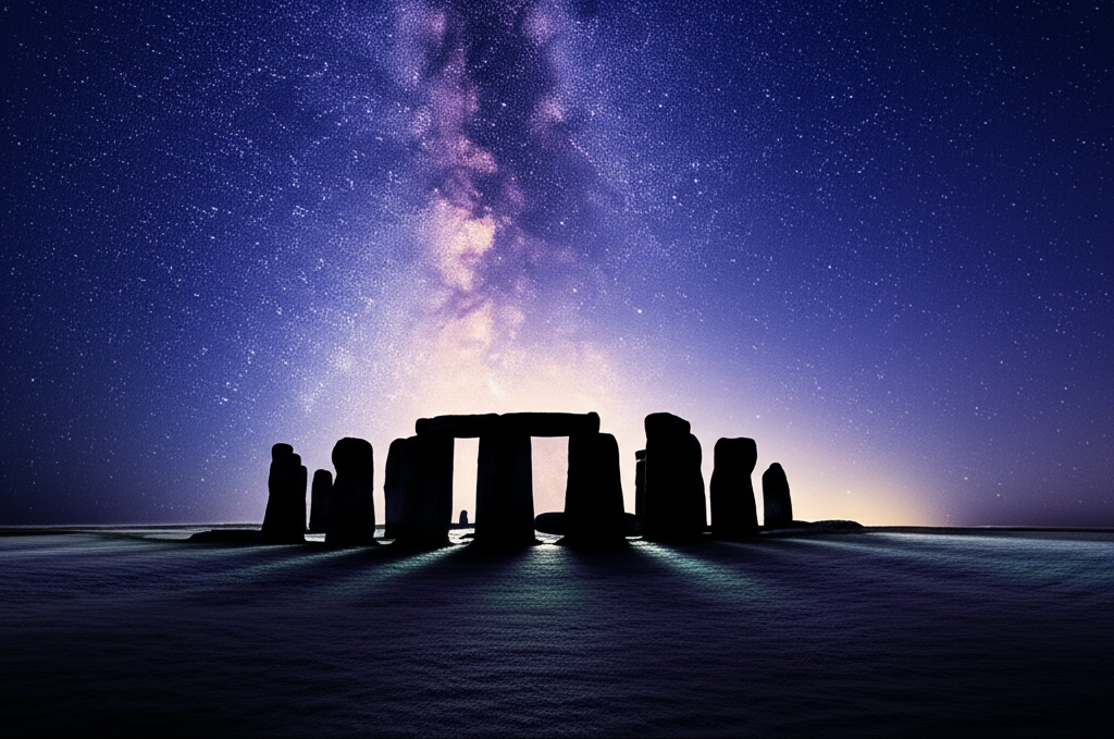 Величественный Стоунхендж космический храм на фоне звёздного неба в сумерках.