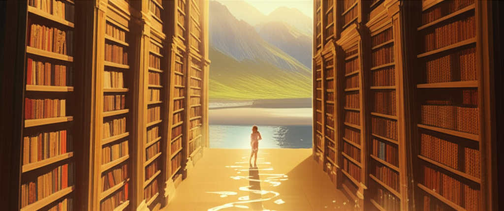 Бескрайняя библиотека, переходящая в природный пейзаж, символизирует путь в страну мудрости.