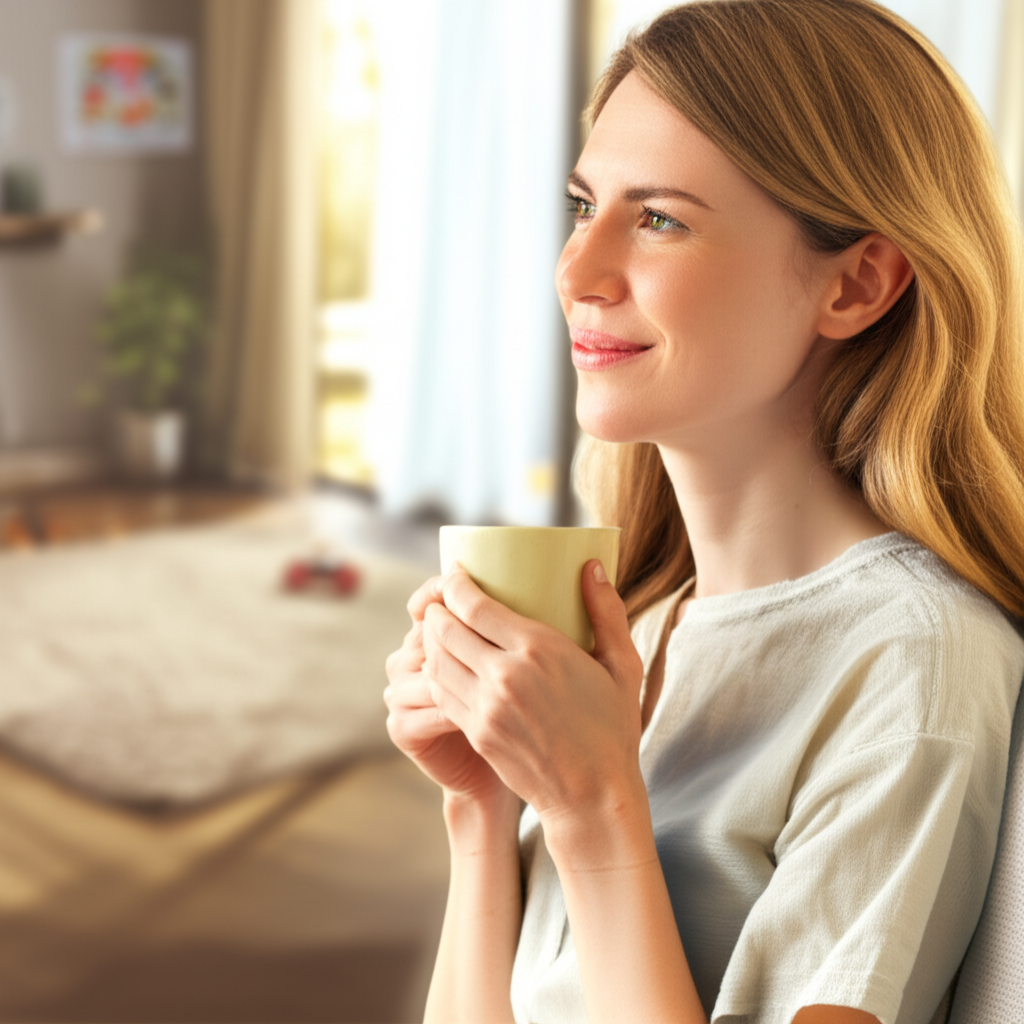 Умиротворенная супермама находит момент для отдыха и заботы о себе в уютной домашней обстановке.