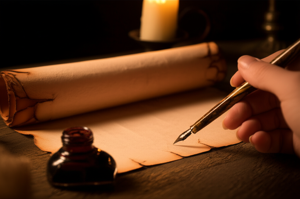 Старинный пергаментный свиток желаний, разложенный на деревянном столе, рядом с чернильницей и пером для каллиграфии.