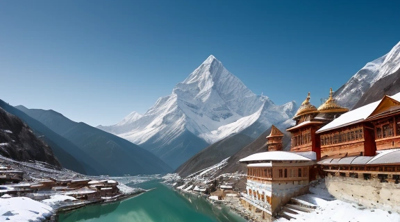 Панорамный вид на священное место Бадринатх, храм Вишну в Гималаях, окруженный заснеженными вершинами и рекой Алакнанда, с паломниками у горячего источника.