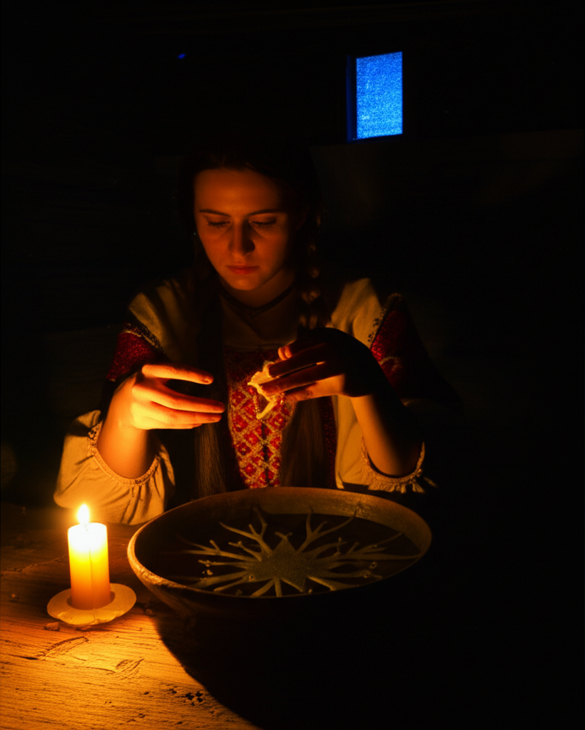Девушка в народном костюме проводит святки и святочные гадания при свечах.