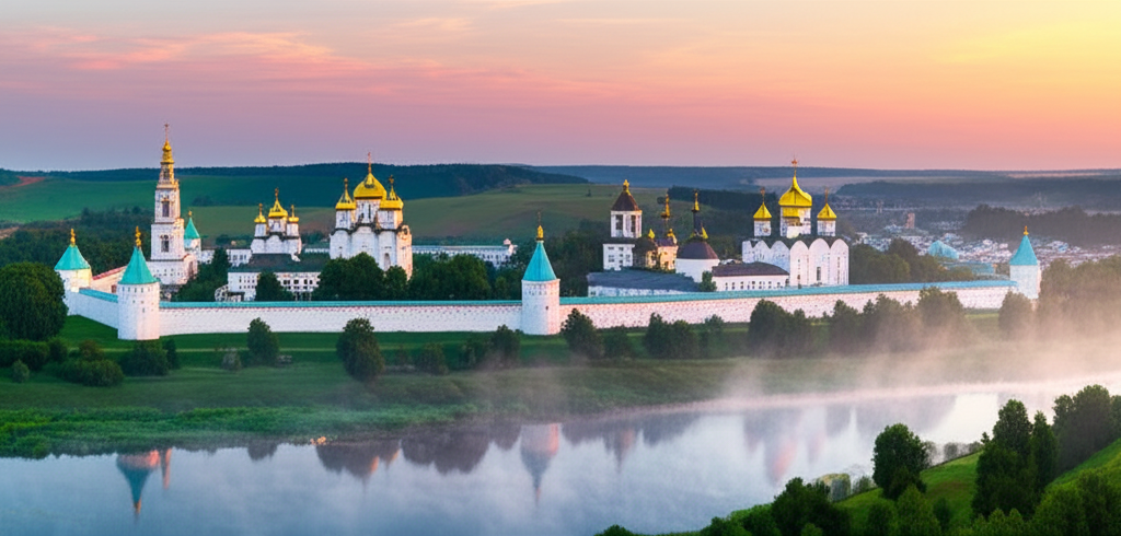 Величественная панорама Троице-Сергиевой лавры — знаковые святые места России на рассвете.