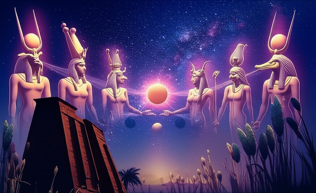 Изображение демонстрирует мистическую связь богов и планет в Египте, где каждое небесное тело символически связано с определенным божеством, на фоне звездного неба и египетской архитектуры.
