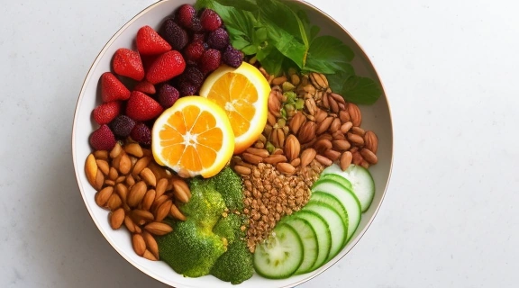 Разнообразные свежие фрукты, овощи, орехи и зелень, олицетворяющие Сыроедение естественное питание и жизненную силу.