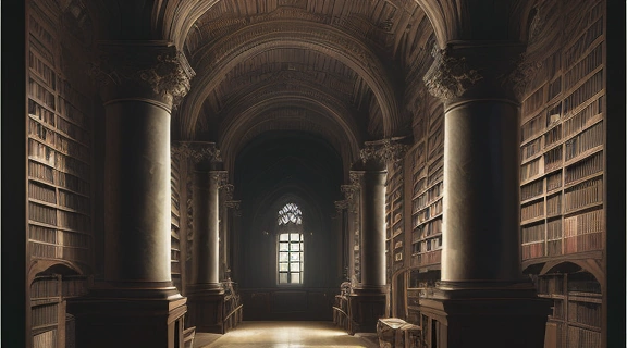 Символ: Тайна властных фамилий. Изображение древней библиотеки, наполненной таинственным светом и скрытыми знаниями.