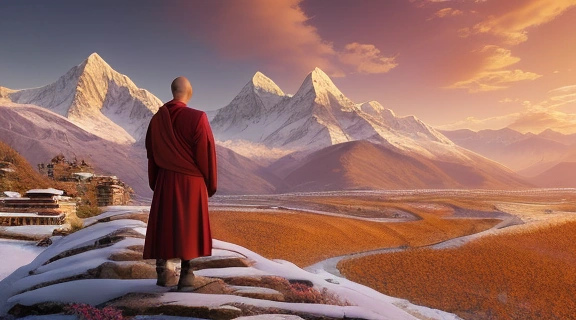 Величественный тибетский монастырь на фоне Гималаев, хранящий Тайны и энергия Тибета на рассвете.