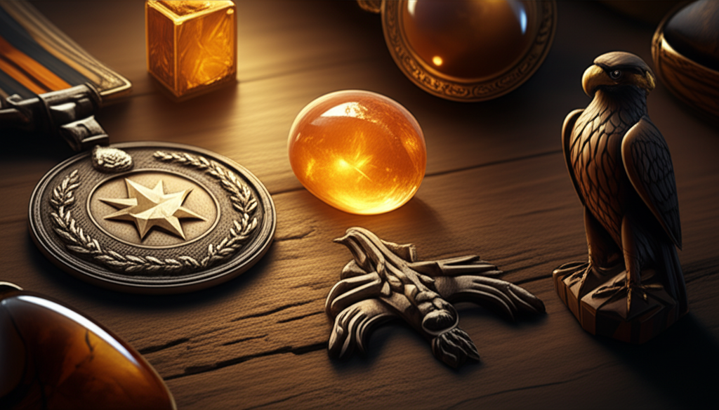 Эффектные талисманы славы — солнечный камень, серебряная медаль и фигурка орла — для привлечения успеха.