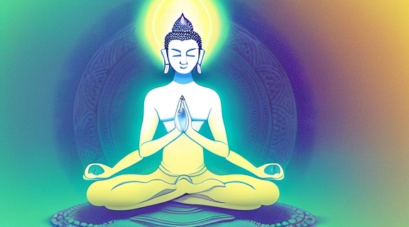 Изображение мандалы и мудры, символизирующих практики тантрический буддизм, на фоне медитирующей фигуры.