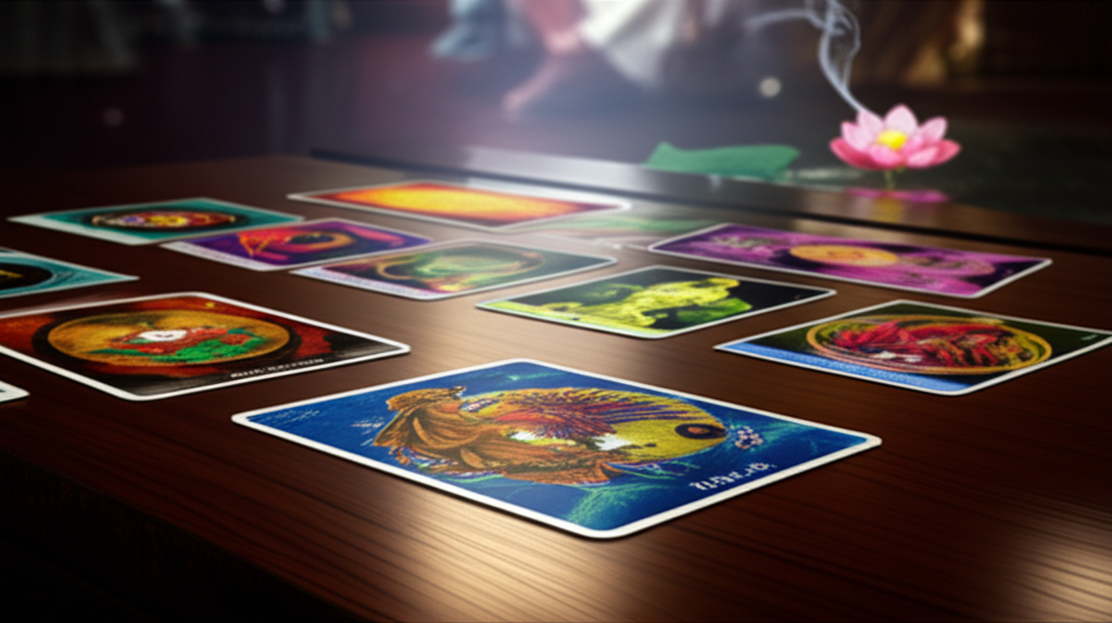 Изображение демонстрирует расклад Таро Ошо Дзен значение карт на деревянном столе, окруженном мягким светом и атмосферой медитации.