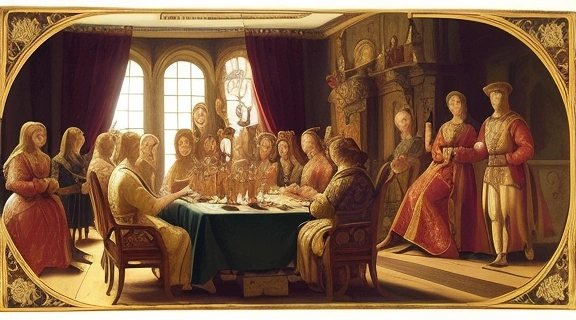 Сцена игры в Таро в средневековье среди итальянской знати, демонстрирующая исторический контекст карт.